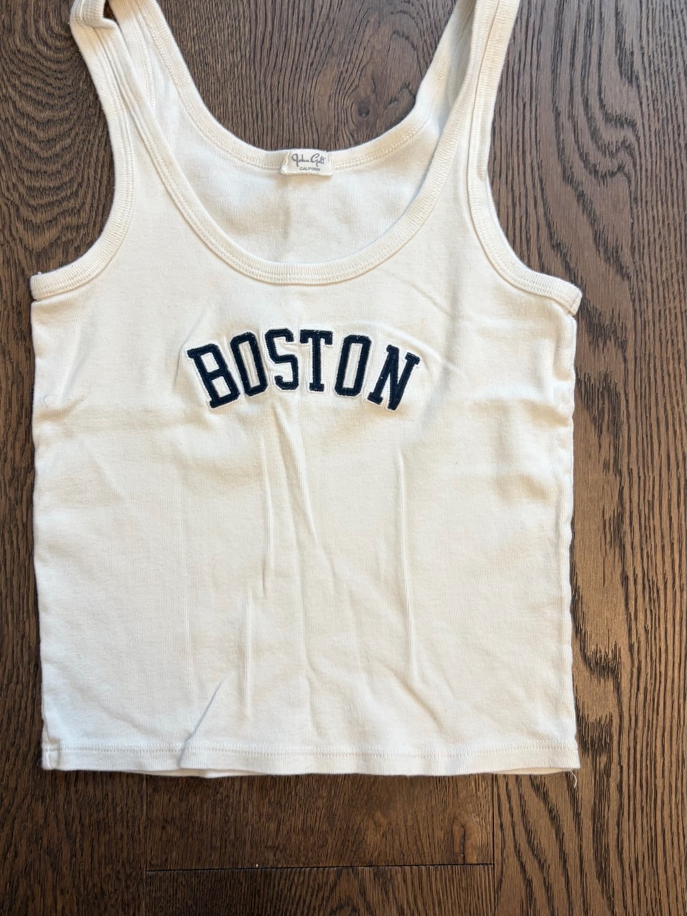 Brandy Melville White Tank Top with Navy 'BOSTON' Embroidery